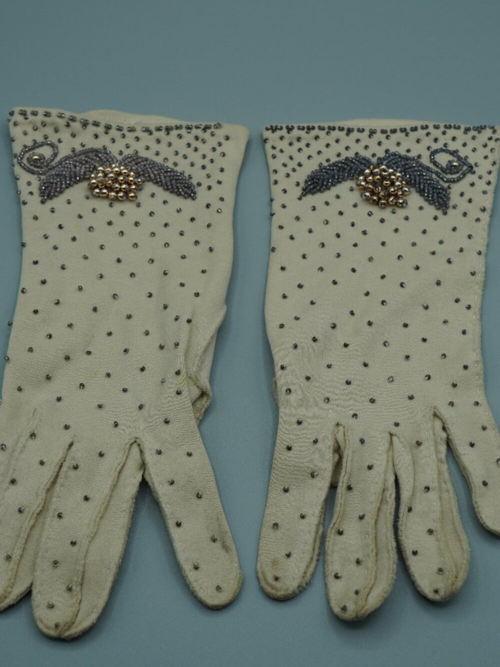 Vintage Beaded Wrist Gloves Ivory Cotton Bridal Evening Old Hollywood Glove